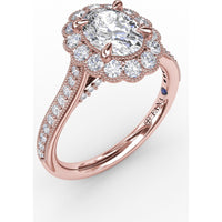 Vintage Scalloped Halo Oval Engagement Ring Setting with Pavé Diamond Band and Milgrain Details by Fana - 0.62 Carat Total Diamond Weight