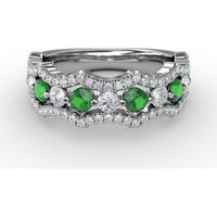 Wave Band Ring with Round Emeralds and Pavé Diamonds by Fana - 1.18 Carat Total Gemstone Weight