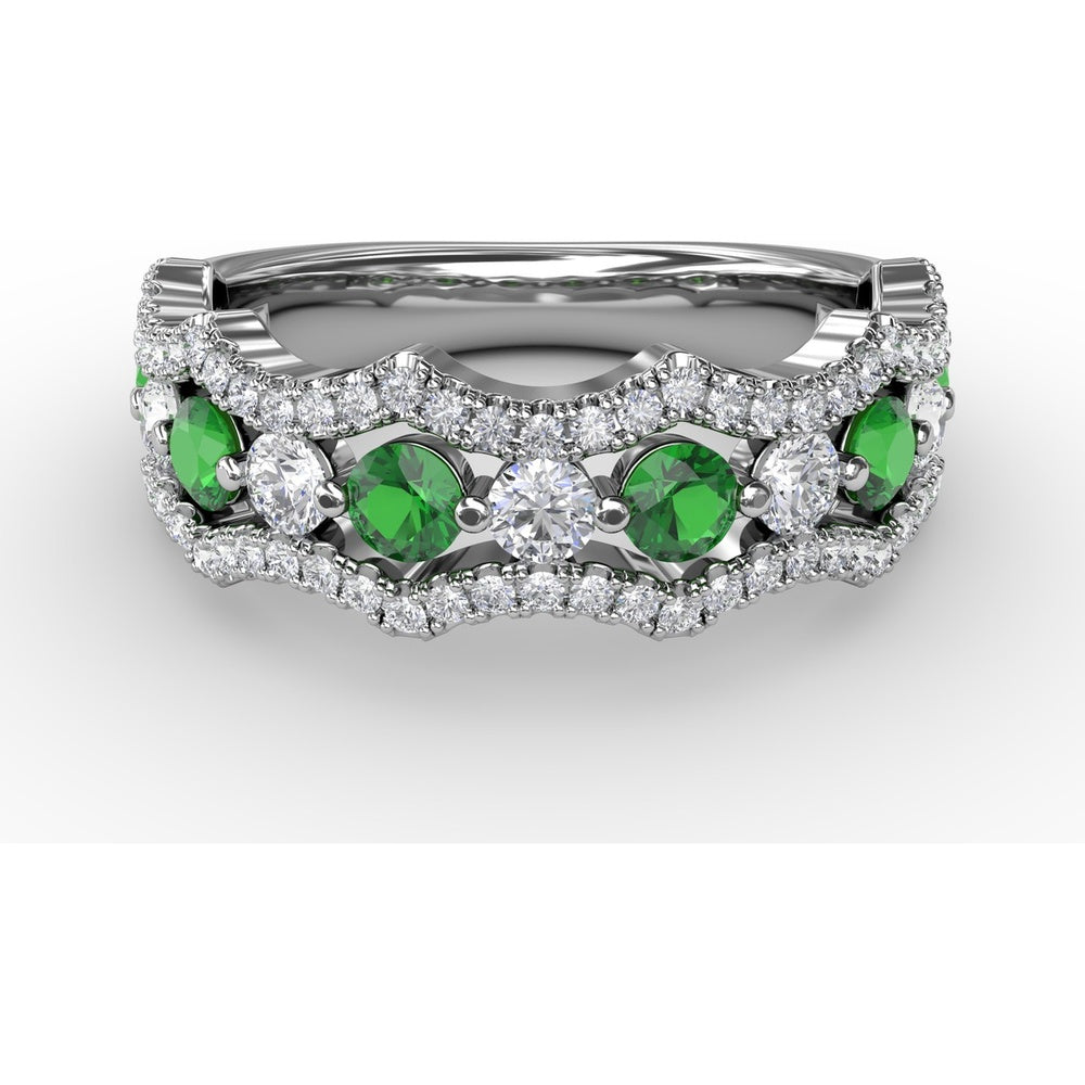 Wave Band Ring with Round Emeralds and Pavé Diamonds by Fana - 1.18 Carat Total Gemstone Weight