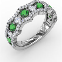Wave Band Ring with Round Emeralds and Pavé Diamonds by Fana - 1.18 Carat Total Gemstone Weight