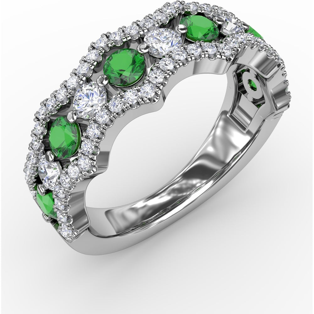 Wave Band Ring with Round Emeralds and Pavé Diamonds by Fana - 1.18 Carat Total Gemstone Weight