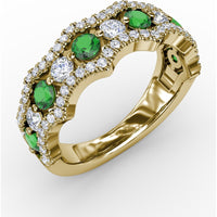 Wave Band Ring with Round Emeralds and Pavé Diamonds by Fana - 1.18 Carat Total Gemstone Weight