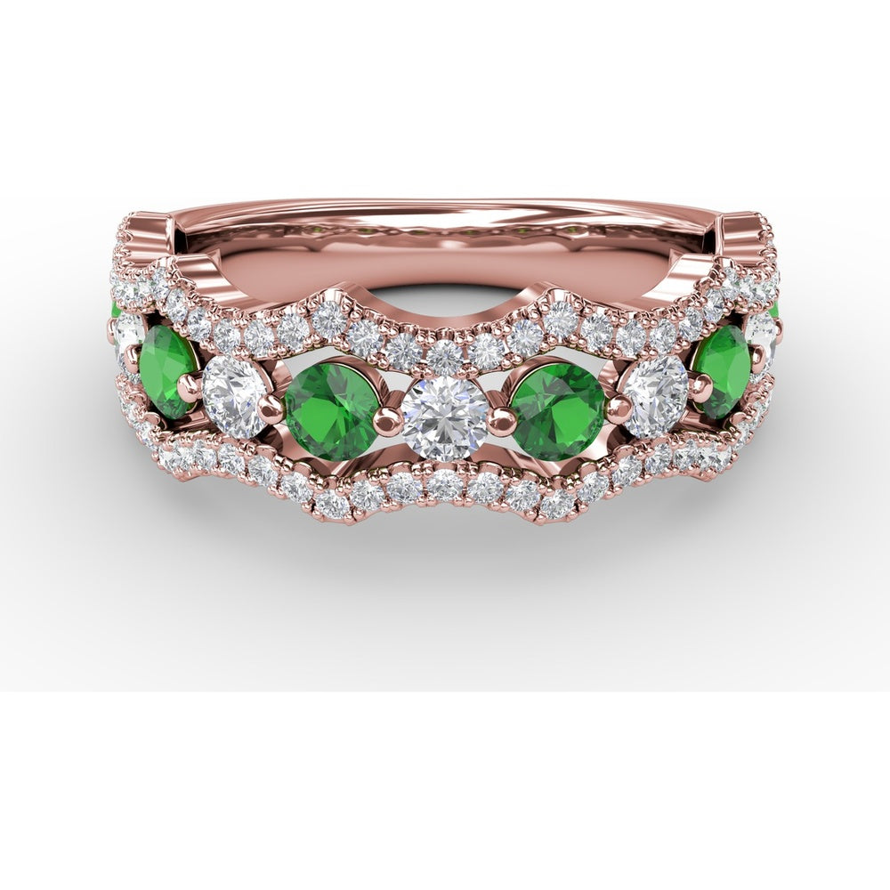 Wave Band Ring with Round Emeralds and Pavé Diamonds by Fana - 1.18 Carat Total Gemstone Weight