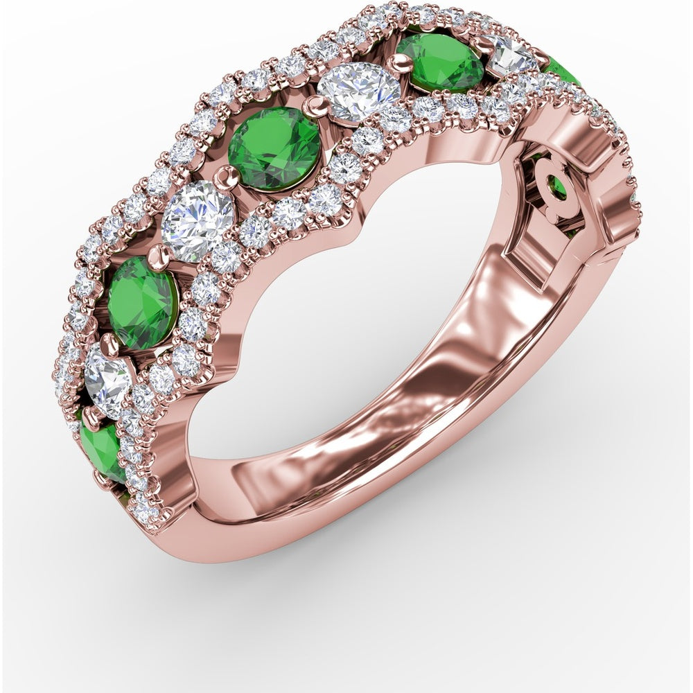 Wave Band Ring with Round Emeralds and Pavé Diamonds by Fana - 1.18 Carat Total Gemstone Weight
