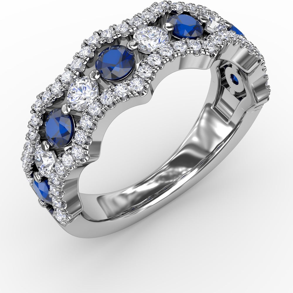 Wave Band with Alternating Round Sapphires and Prong Set Diamonds by Fana - 1.24 Carat Total Gemstone Weight