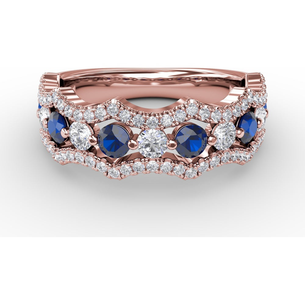 Wave Band with Alternating Round Sapphires and Prong Set Diamonds by Fana - 1.24 Carat Total Gemstone Weight