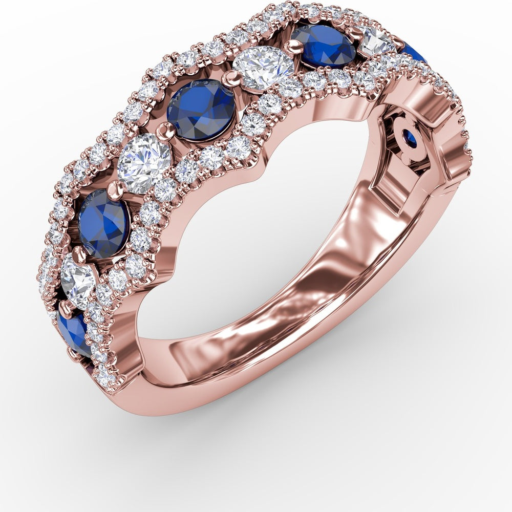 Wave Band with Alternating Round Sapphires and Prong Set Diamonds by Fana - 1.24 Carat Total Gemstone Weight