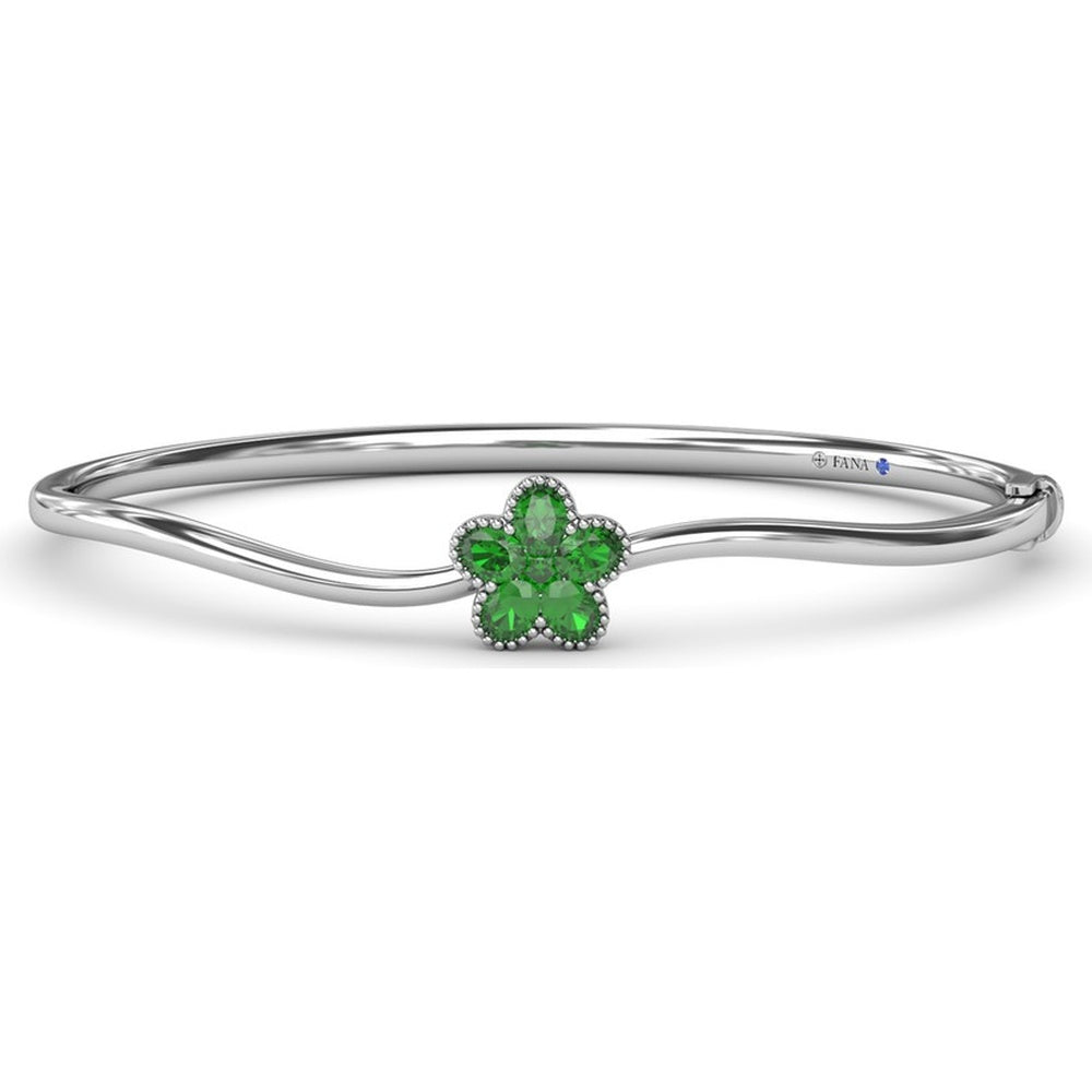 Wave Bangle with Floral Milgrain Setting Featuring Oval and Round Emeralds by Fana - 0.98 Carat Total Emerald Weight