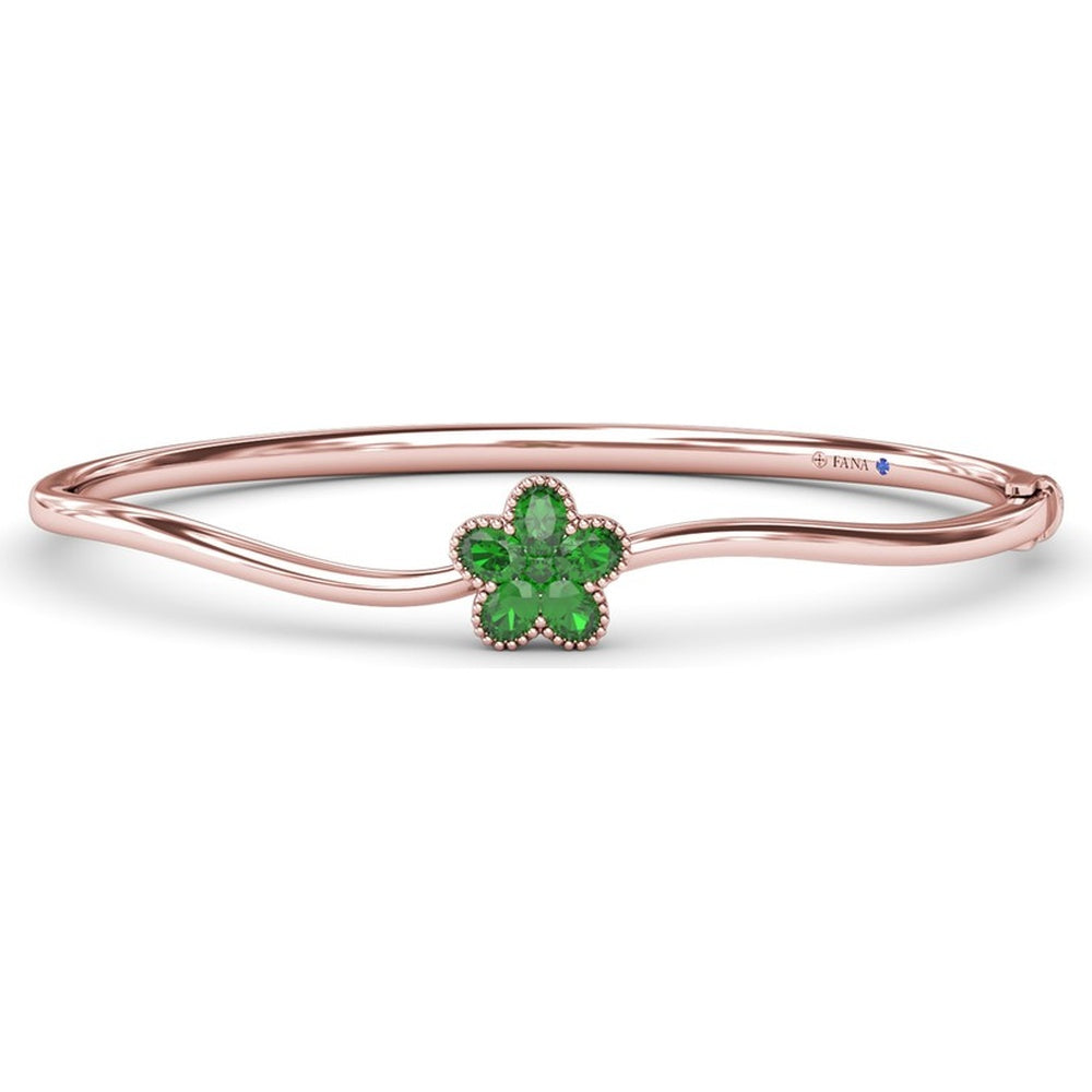 Wave Bangle with Floral Milgrain Setting Featuring Oval and Round Emeralds by Fana - 0.98 Carat Total Emerald Weight