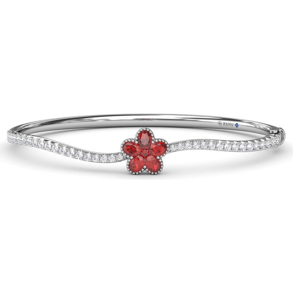 Wave Bangle with Floral Round and Oval Ruby Cluster and Pavé Diamonds by Fana - 2.47 Carat Total Gemstone Weight