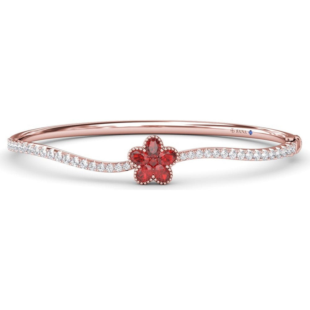 Wave Bangle with Floral Round and Oval Ruby Cluster and Pavé Diamonds by Fana - 2.47 Carat Total Gemstone Weight