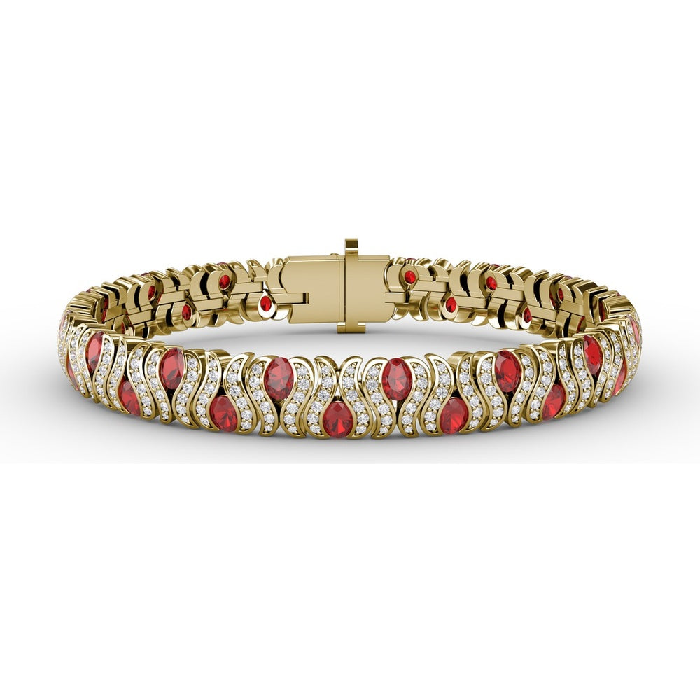 Wave Link Bracelet with Oval Rubies and Pavé Diamonds by Fana - 10.28 Carat Total Gemstone Weight