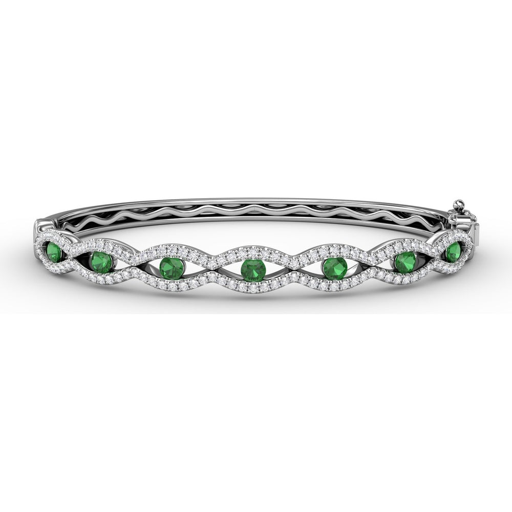 Wavy Openwork Bangle with Bezel Set Round Emeralds and Pavé Diamonds by Fana - 1.91 Carat Total Gemstone Weight