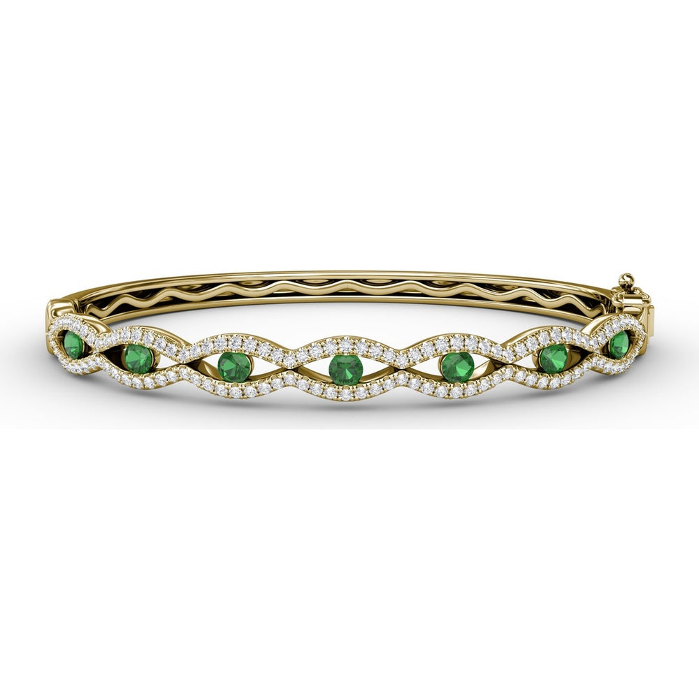 Wavy Openwork Bangle with Bezel Set Round Emeralds and Pavé Diamonds by Fana - 1.91 Carat Total Gemstone Weight
