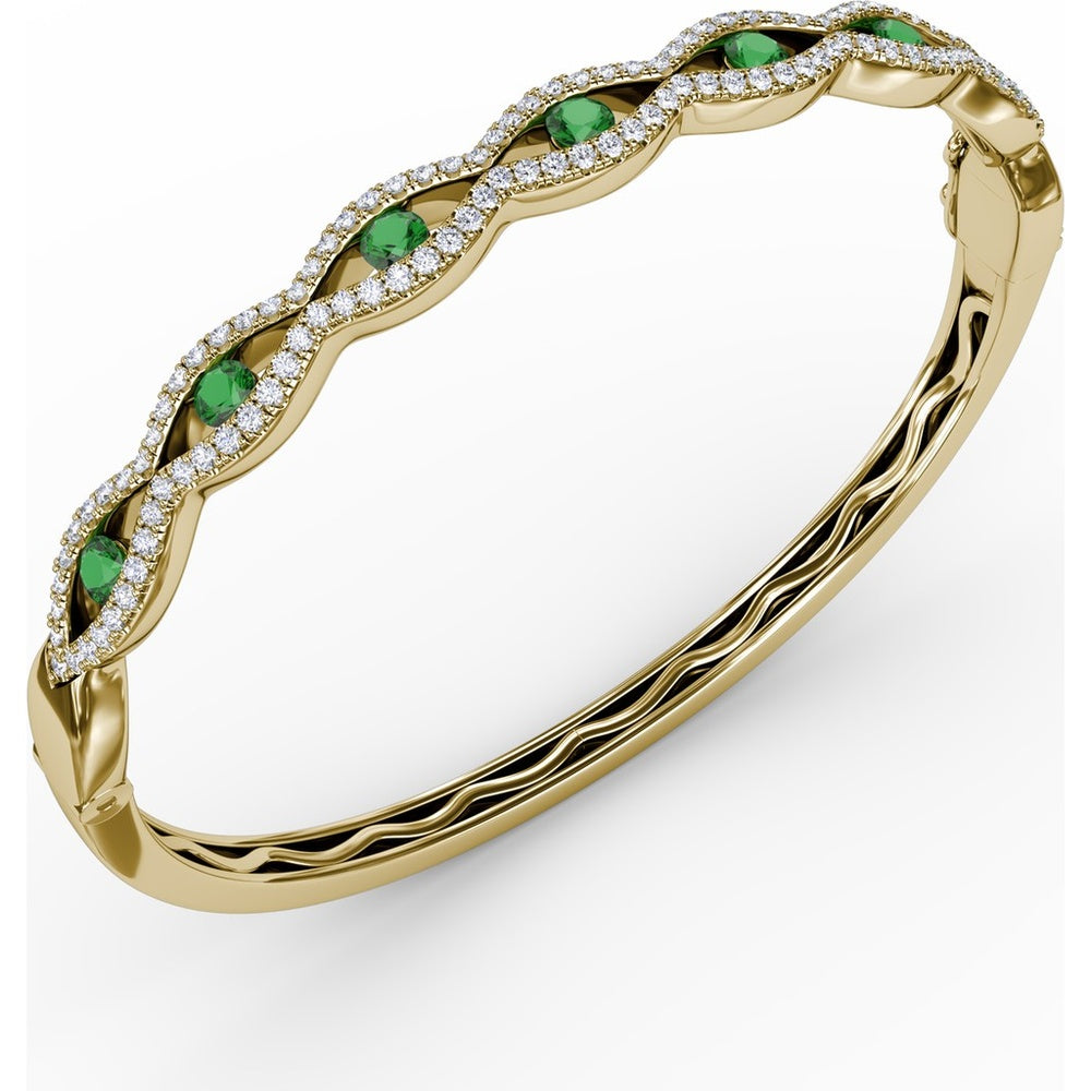 Wavy Openwork Bangle with Bezel Set Round Emeralds and Pavé Diamonds by Fana - 1.91 Carat Total Gemstone Weight