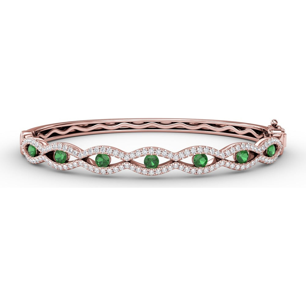 Wavy Openwork Bangle with Bezel Set Round Emeralds and Pavé Diamonds by Fana - 1.91 Carat Total Gemstone Weight