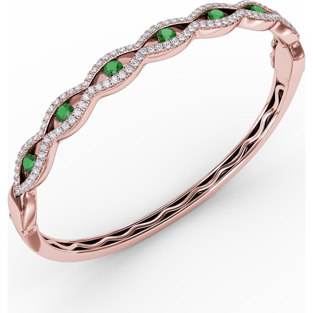 Wavy Openwork Bangle with Bezel Set Round Emeralds and Pavé Diamonds by Fana - 1.91 Carat Total Gemstone Weight