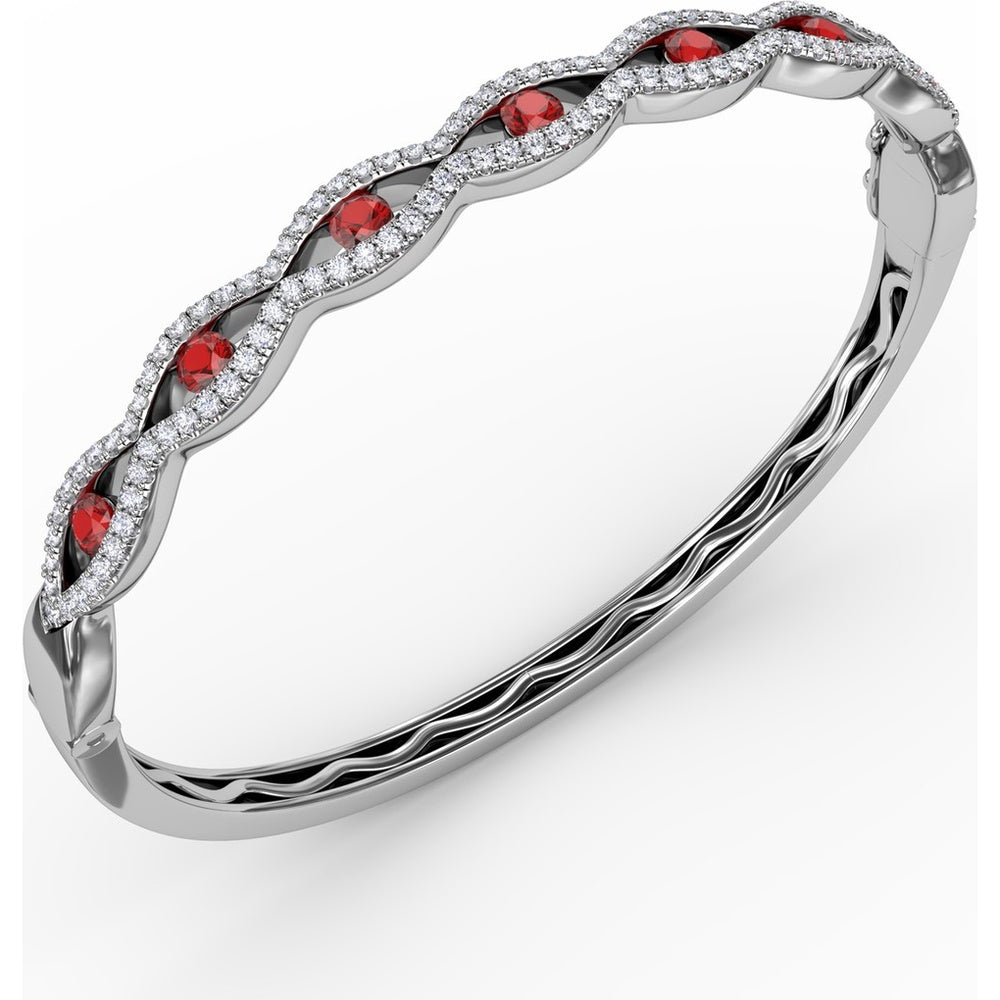 Wavy Openwork Bangle with Bezel-Set Round Rubies and Pavé Diamonds by Fana - 2.23 Carat Total Gemstone Weight