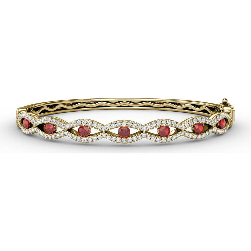 Wavy Openwork Bangle with Bezel-Set Round Rubies and Pavé Diamonds by Fana - 2.23 Carat Total Gemstone Weight