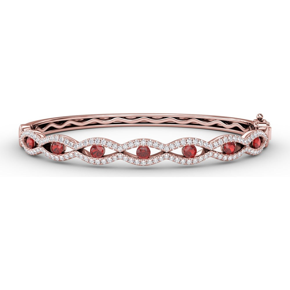 Wavy Openwork Bangle with Bezel-Set Round Rubies and Pavé Diamonds by Fana - 2.23 Carat Total Gemstone Weight