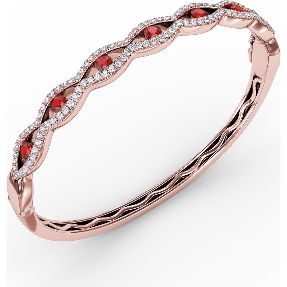 Wavy Openwork Bangle with Bezel-Set Round Rubies and Pavé Diamonds by Fana - 2.23 Carat Total Gemstone Weight