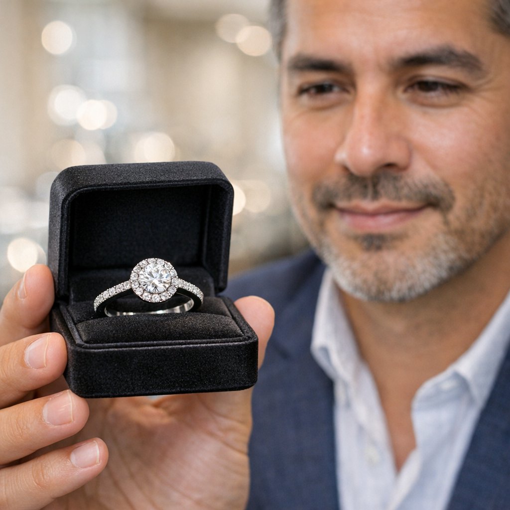 A stunning knife-edge halo ring featuring a brilliant center diamond surrounded by a halo of smaller diamonds, all set on a sleek, angular band.