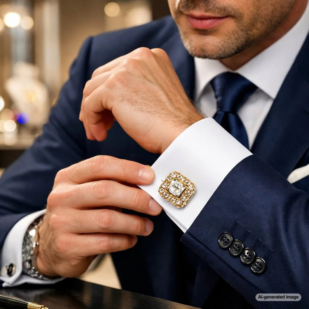 A close-up view of elegant diamond and gold statement cufflinks resting on a crisp white French cuff shirt, paired with a formal suit.