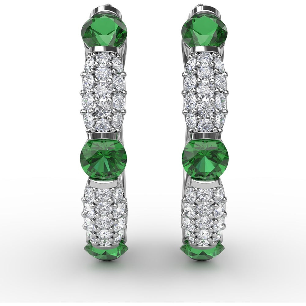 Whimsical Hoop Earrings with Alternating Round Emeralds and Pavé Diamonds by Fana - 1.53 Carat Total Gemstone Weight