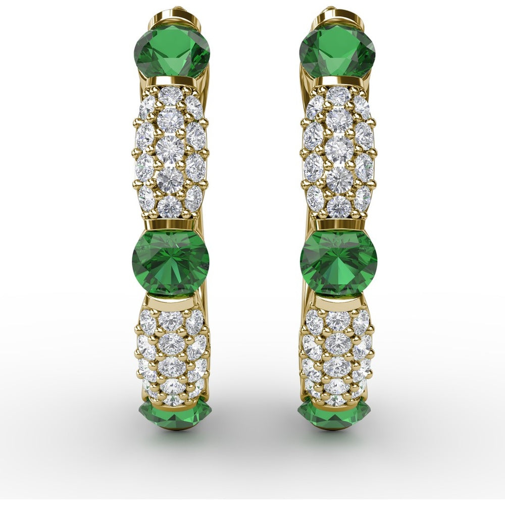 Whimsical Hoop Earrings with Alternating Round Emeralds and Pavé Diamonds by Fana - 1.53 Carat Total Gemstone Weight