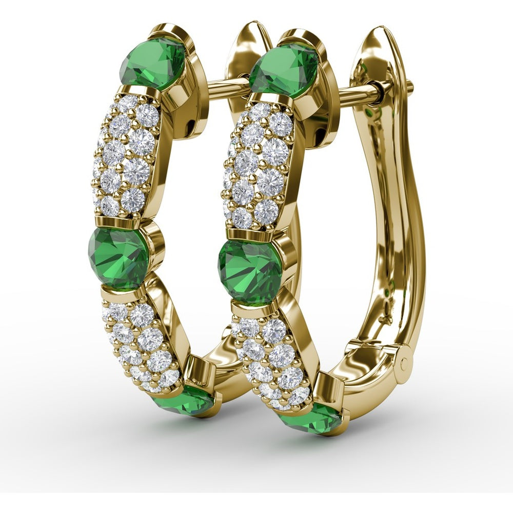 Whimsical Hoop Earrings with Alternating Round Emeralds and Pavé Diamonds by Fana - 1.53 Carat Total Gemstone Weight