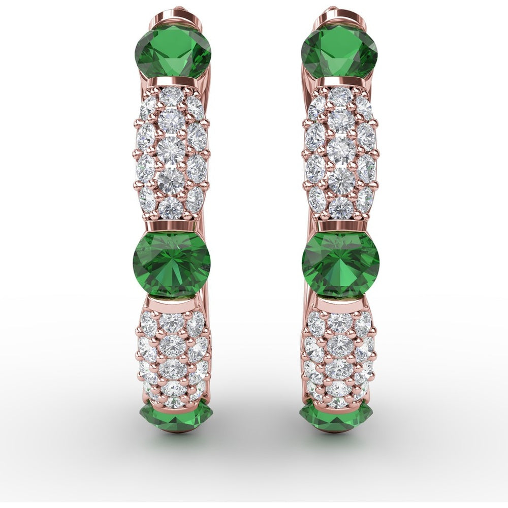 Whimsical Hoop Earrings with Alternating Round Emeralds and Pavé Diamonds by Fana - 1.53 Carat Total Gemstone Weight