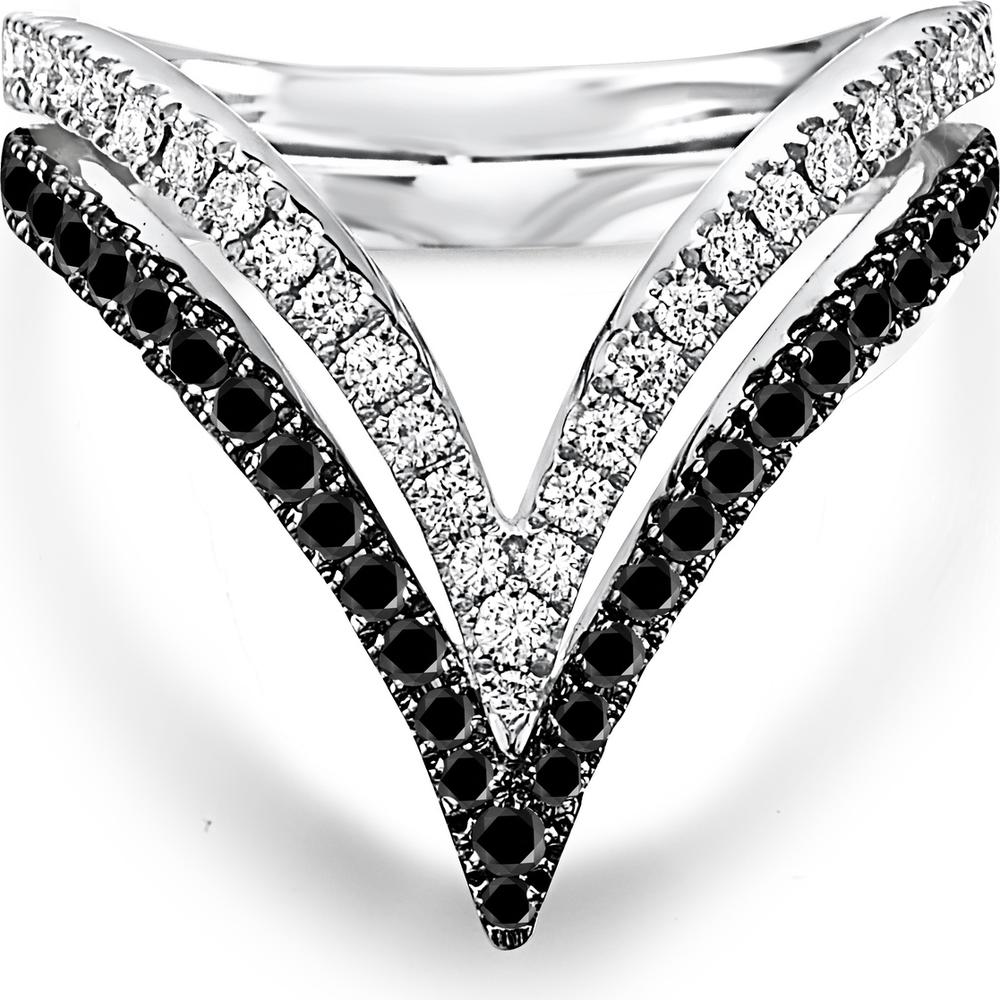 White Diamond and Black Diamond Double V Ring in 18K White Gold by Charles Krypell