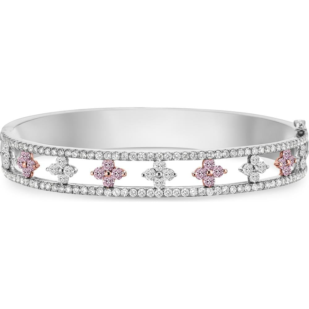White Diamond and Pink Diamond Floating Clover Bangle Bracelet in 18K White Gold by Charles Krypell