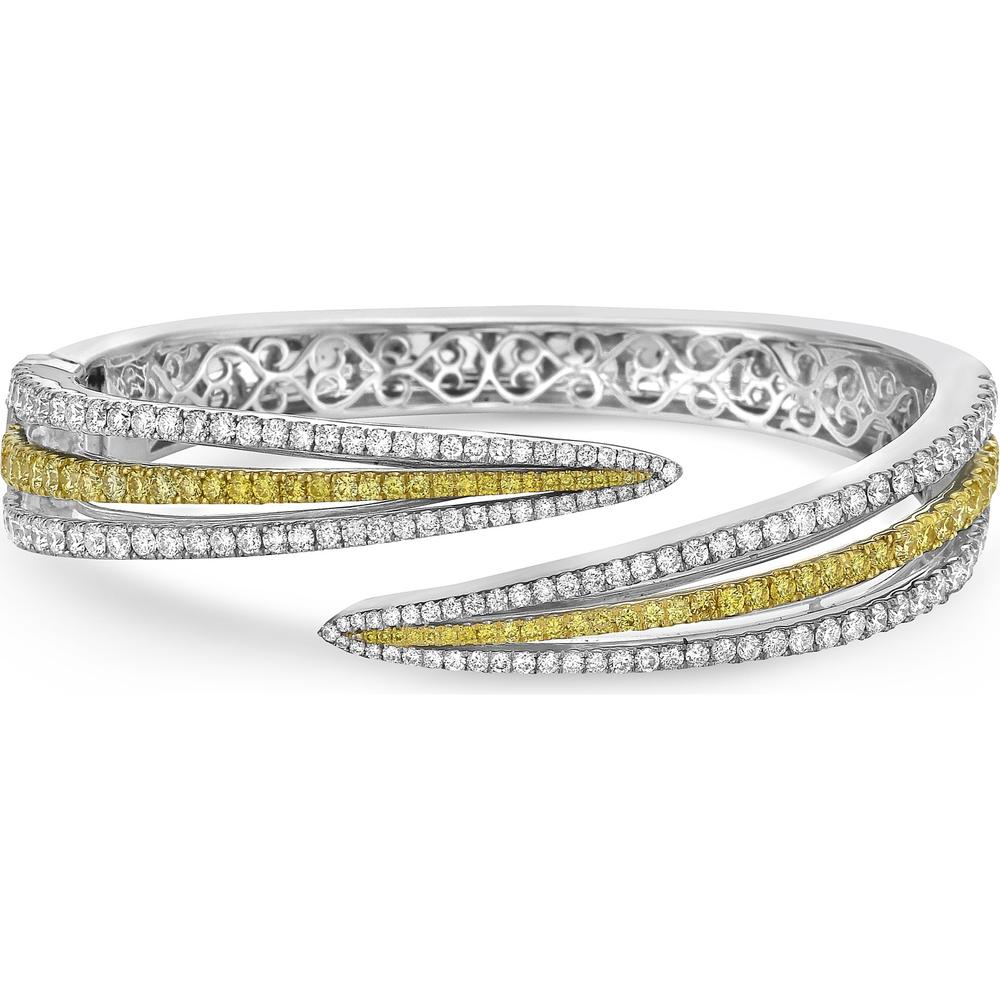 White Diamond and Yellow Diamond Double Edge Baguette Cuff Bracelet in 18K White Gold by Charles Krypell