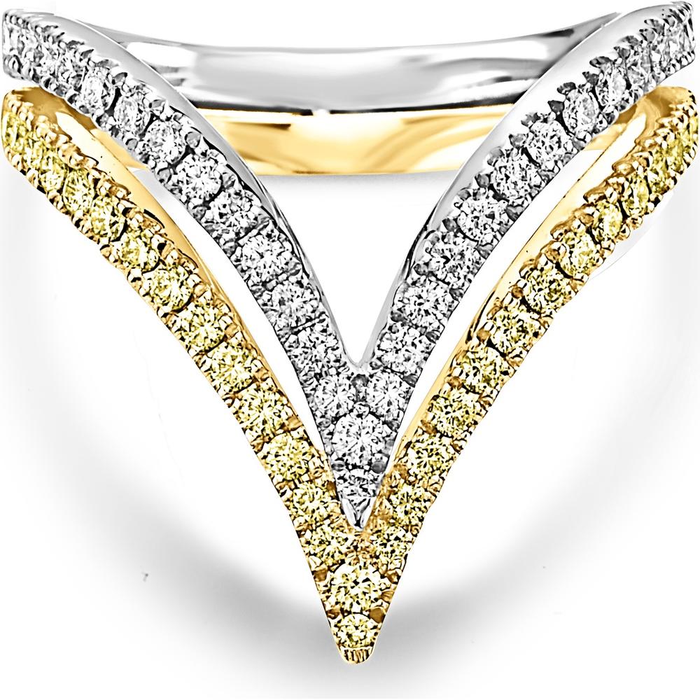 White Diamond and Yellow Diamond Double V Diamond Ring in 18K White Gold and Yellow Gold by Charles Krypell