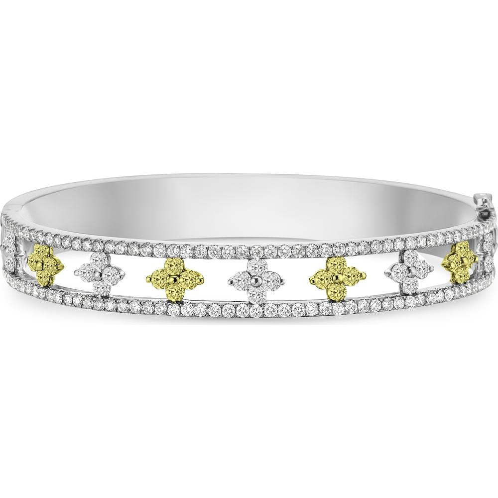 White Diamond and Yellow Diamond Floating Clover Bangle Bracelet in 18K White Gold and Yellow Gold by Charles Krypell