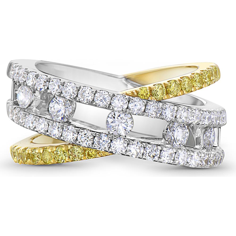 White Diamond and Yellow Diamond Floating Crossover Ring in 18K White Gold and Yellow Gold by Charles Krypell