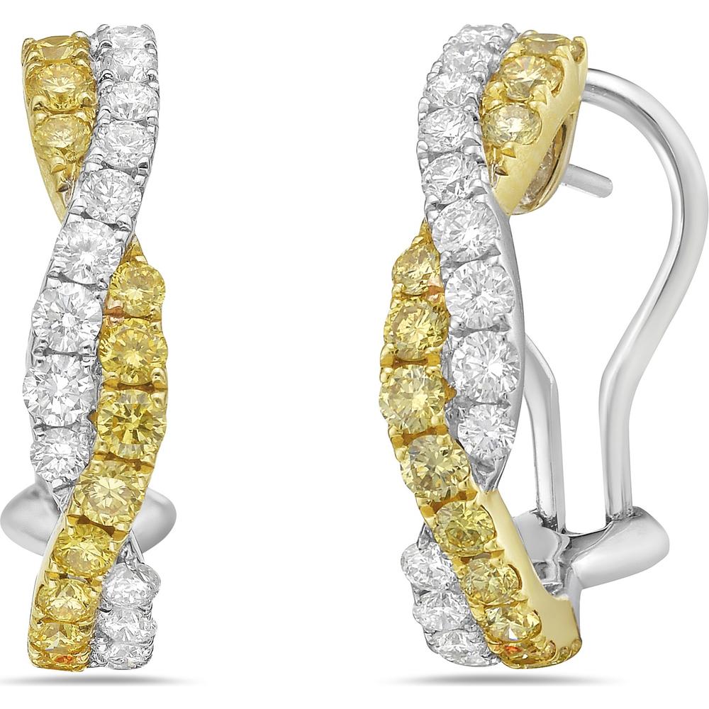 White Diamond and Yellow Diamond Twining Braid Huggie Earrings in 18K Yellow Gold and Platinum by Charles Krypell