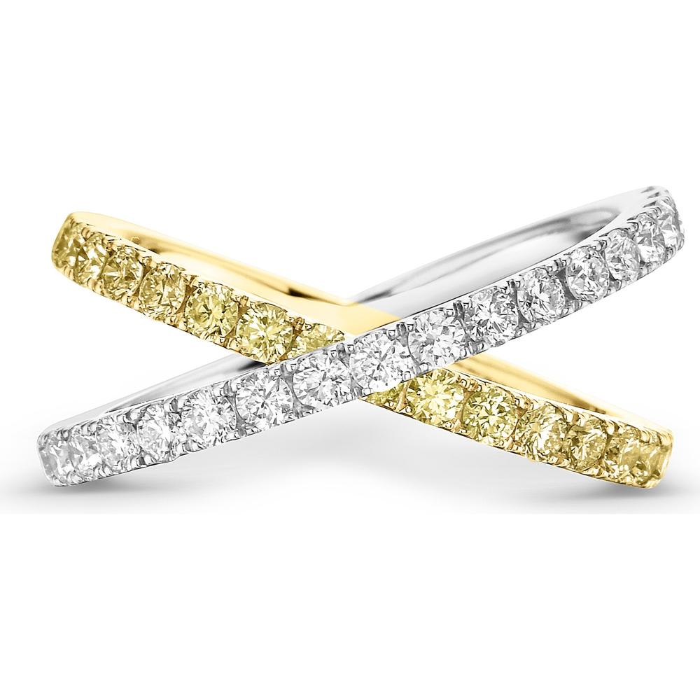 White Diamond and Yellow Diamond X Ring in 18K White Gold and Yellow Gold by Charles Krypell