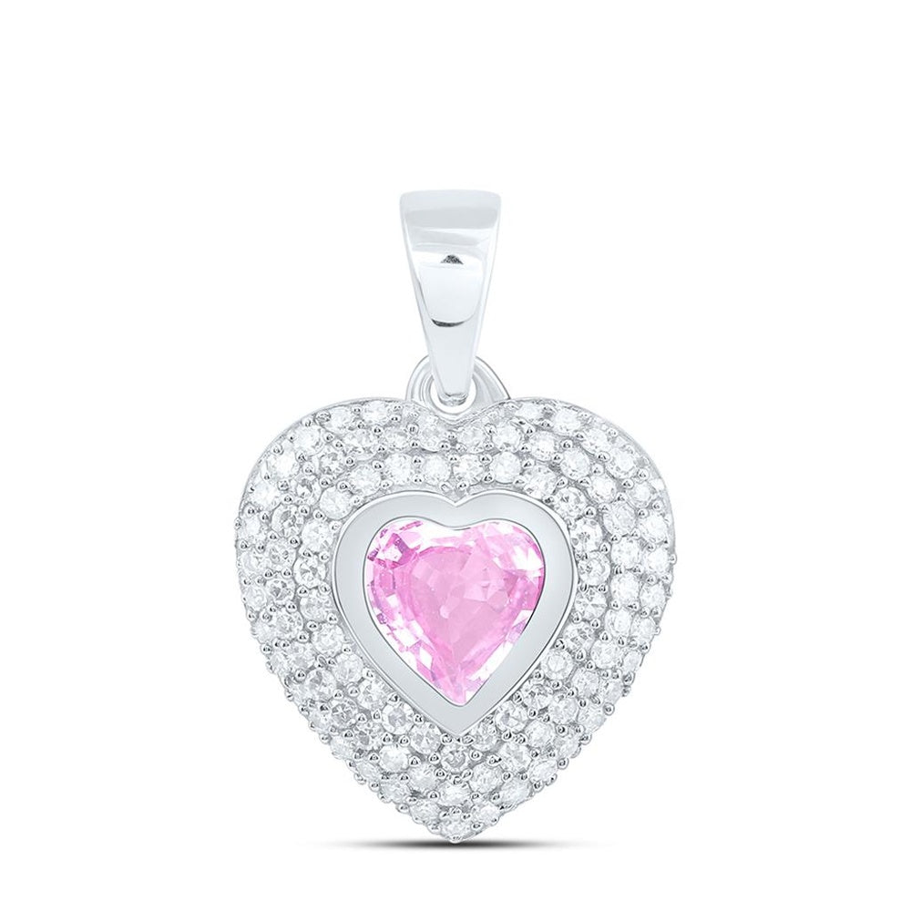White Gold Natural Diamond 5 mm Heart Pink Sapphire Heart Pendant - 1/4 Carat Total Gemstone Weight