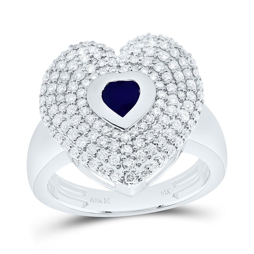 White Gold Natural Diamond 5 mm Heat Treated Blue Sapphire Heart Ring - 7/8 Carat Total Diamond Weight
