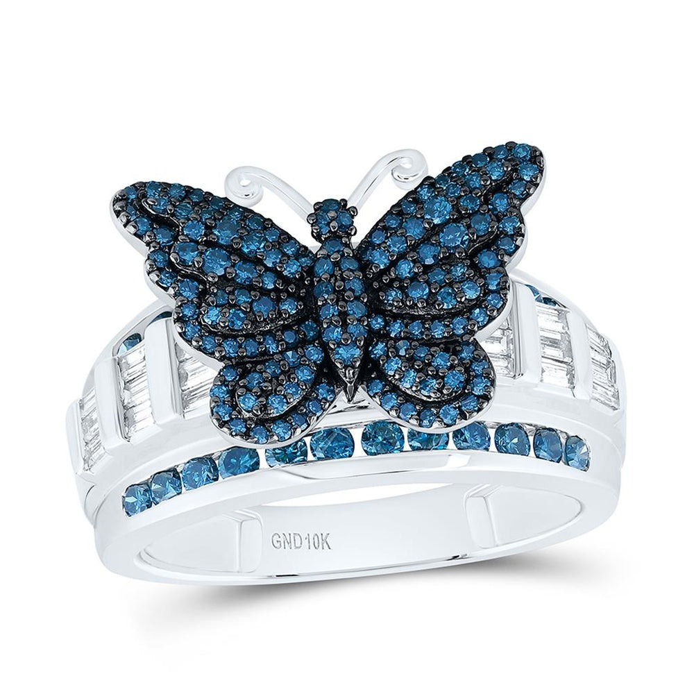 White Gold Natural Diamond Blue Diamond Butterfly Ring - 1 Carat Total Diamond Weight