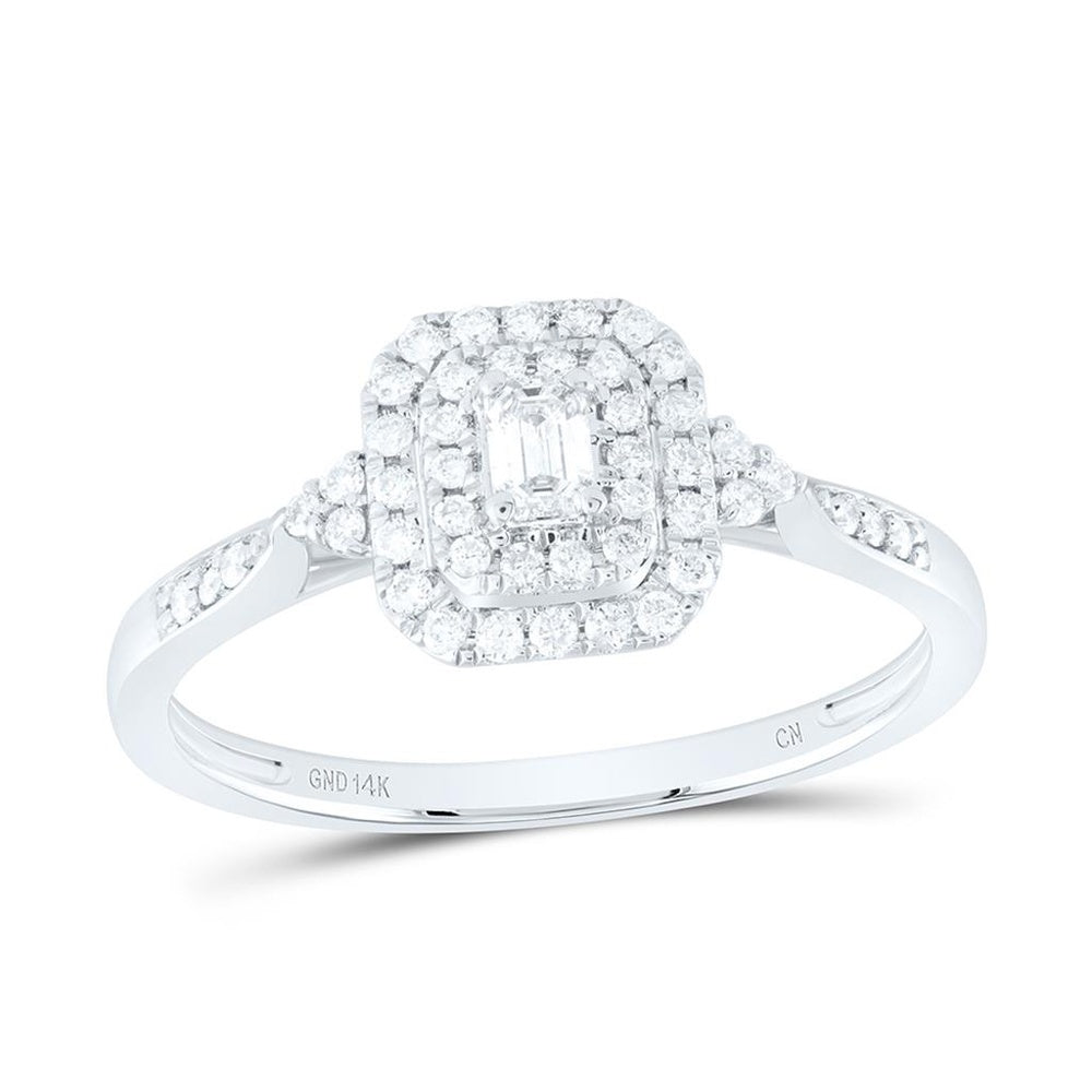 White Gold Natural Diamond Emerald Double Halo Engagement Ring - 1/3 Carat Total Gemstone Weight