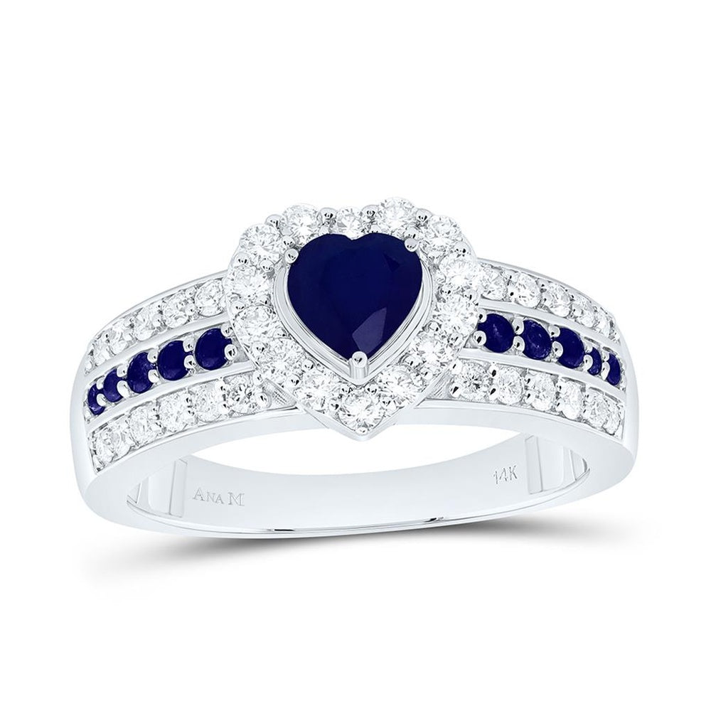White Gold Sapphire and Diamond Heart Ring - 1/2 Carat Total Gemstone Weight
