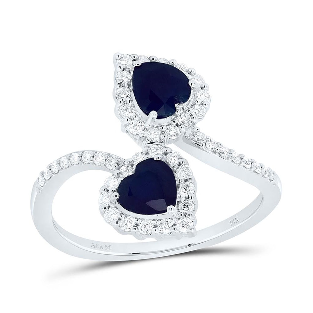 White Gold Sapphire and Diamond Heart Ring - 1/3 Carat Total Gemstone Weight