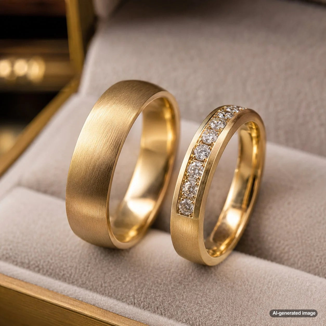 Close up of a hand wearing a luxurious matte finish rose gold ring with sparkling diamond accents