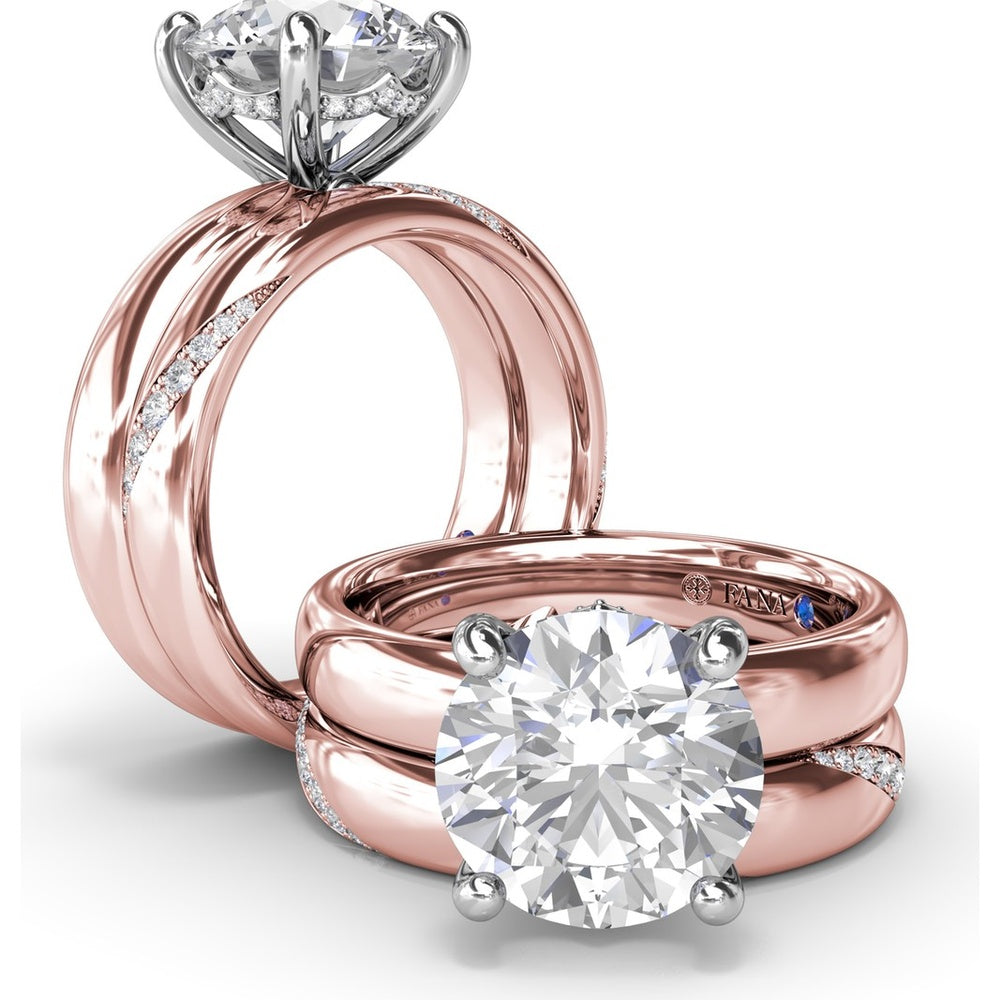 Wide Band Engagement Ring Setting with Round Diamond Hidden Halo and Accents by Fana - 0.09 Carat Total Diamond Weight