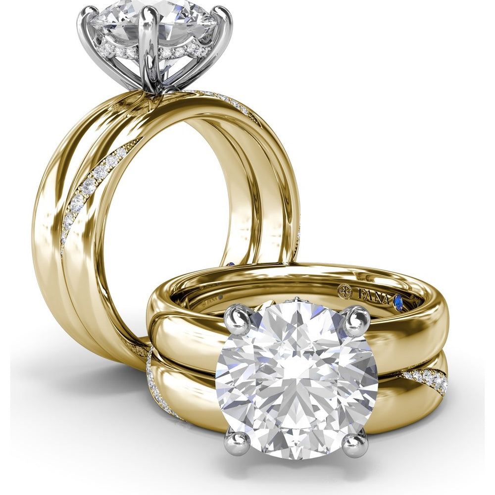 Wide Band Engagement Ring Setting with Round Diamond Hidden Halo and Accents by Fana - 0.09 Carat Total Diamond Weight