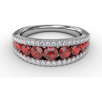 Wide Band Ring with Channel Set Round Rubies and Pavé Diamond Borders by Fana - 1.51 Carat Total Gemstone Weight