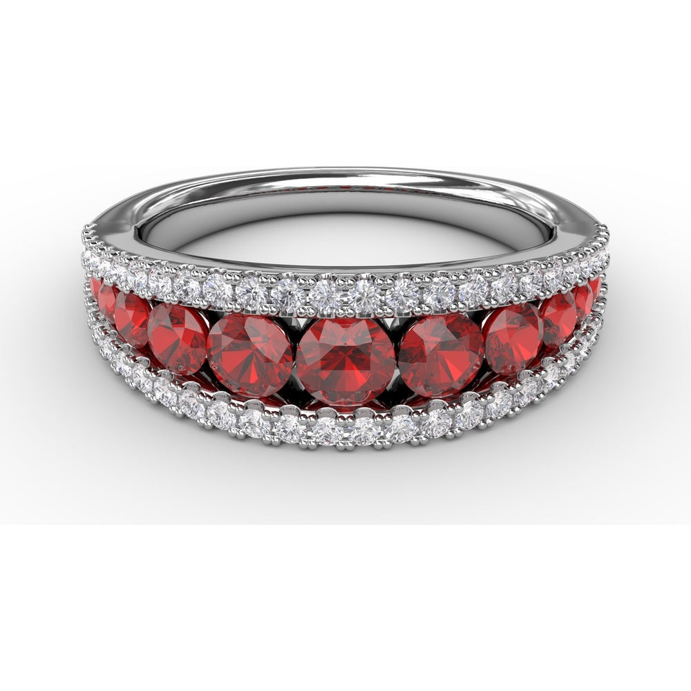 Wide Band Ring with Channel Set Round Rubies and Pavé Diamond Borders by Fana - 1.51 Carat Total Gemstone Weight